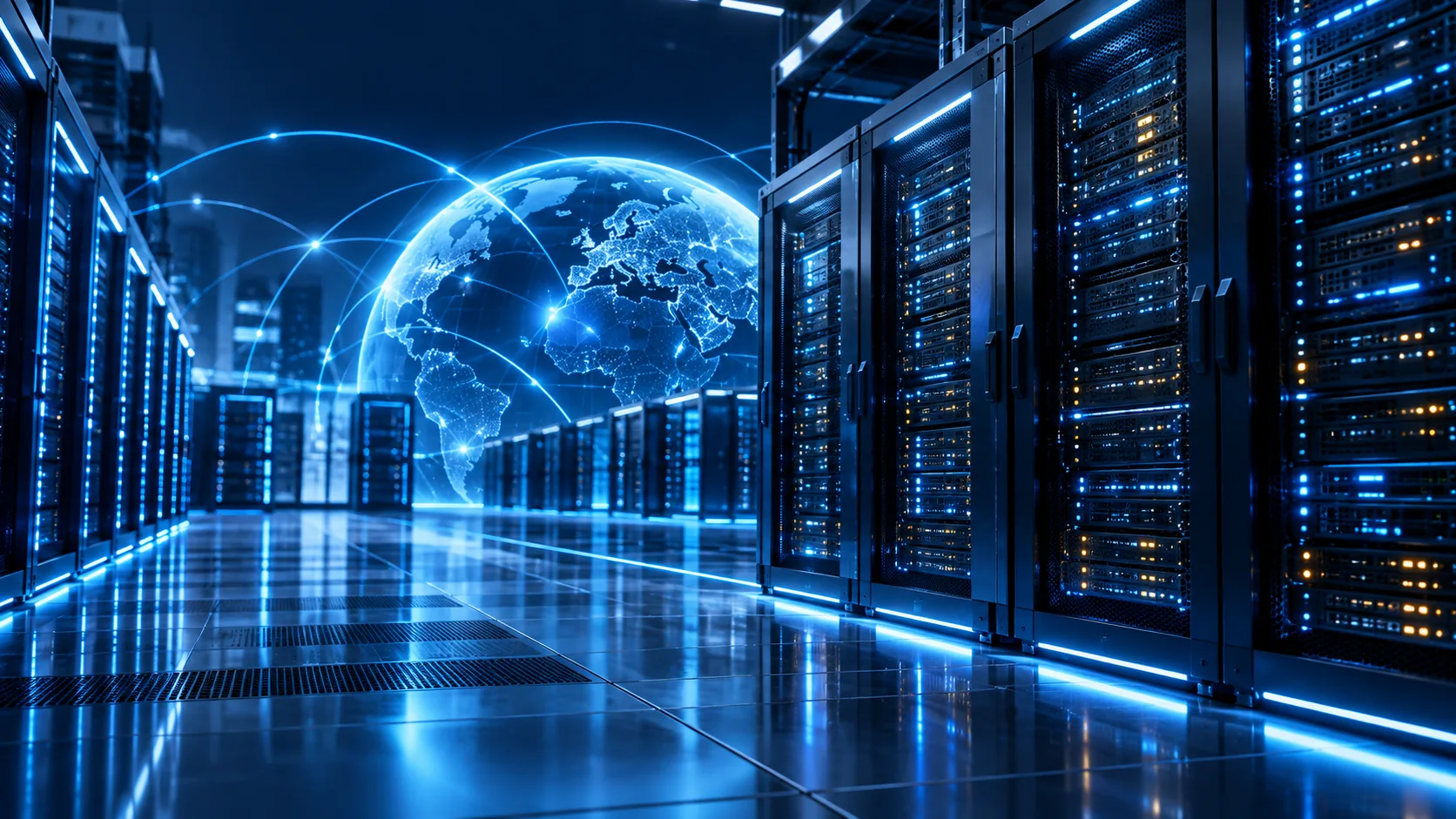 Blue-lit data-centre infrastructure